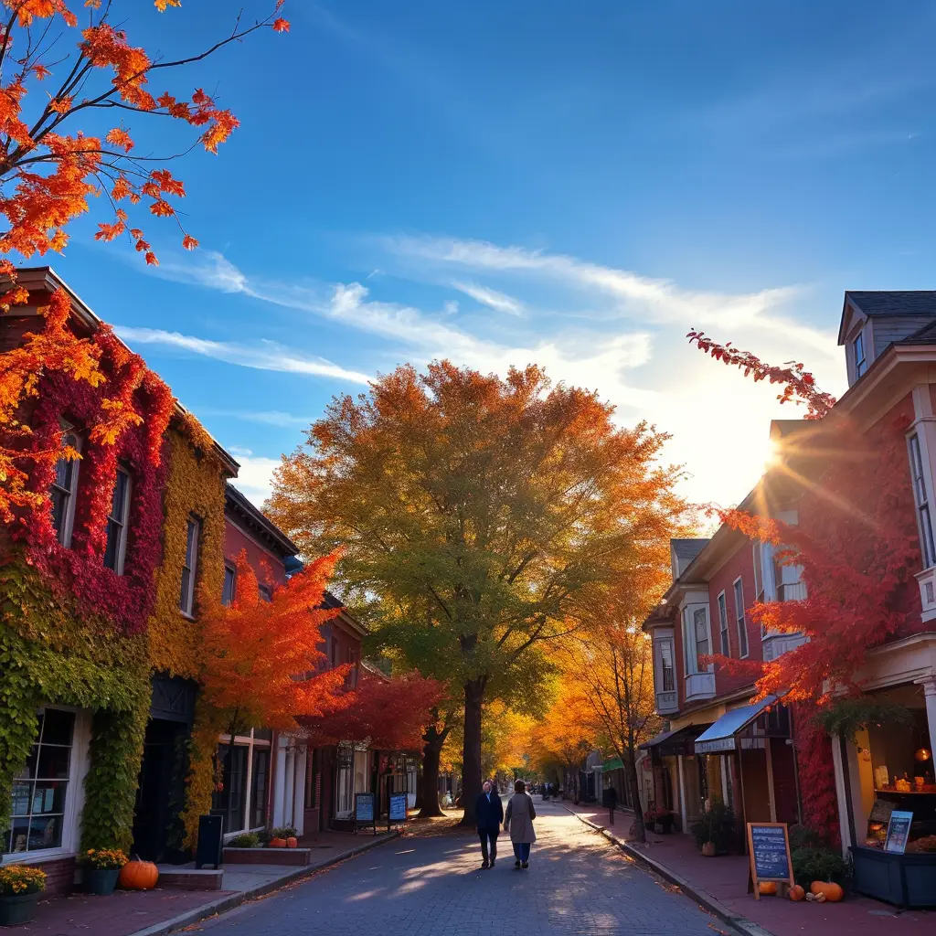 Beautiful fall new england town with leaves on the ground.