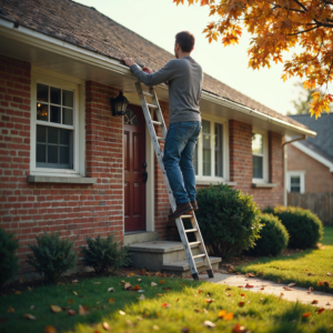 A man on a ladder cleaning leaves out of his gutter. This can be dangerous