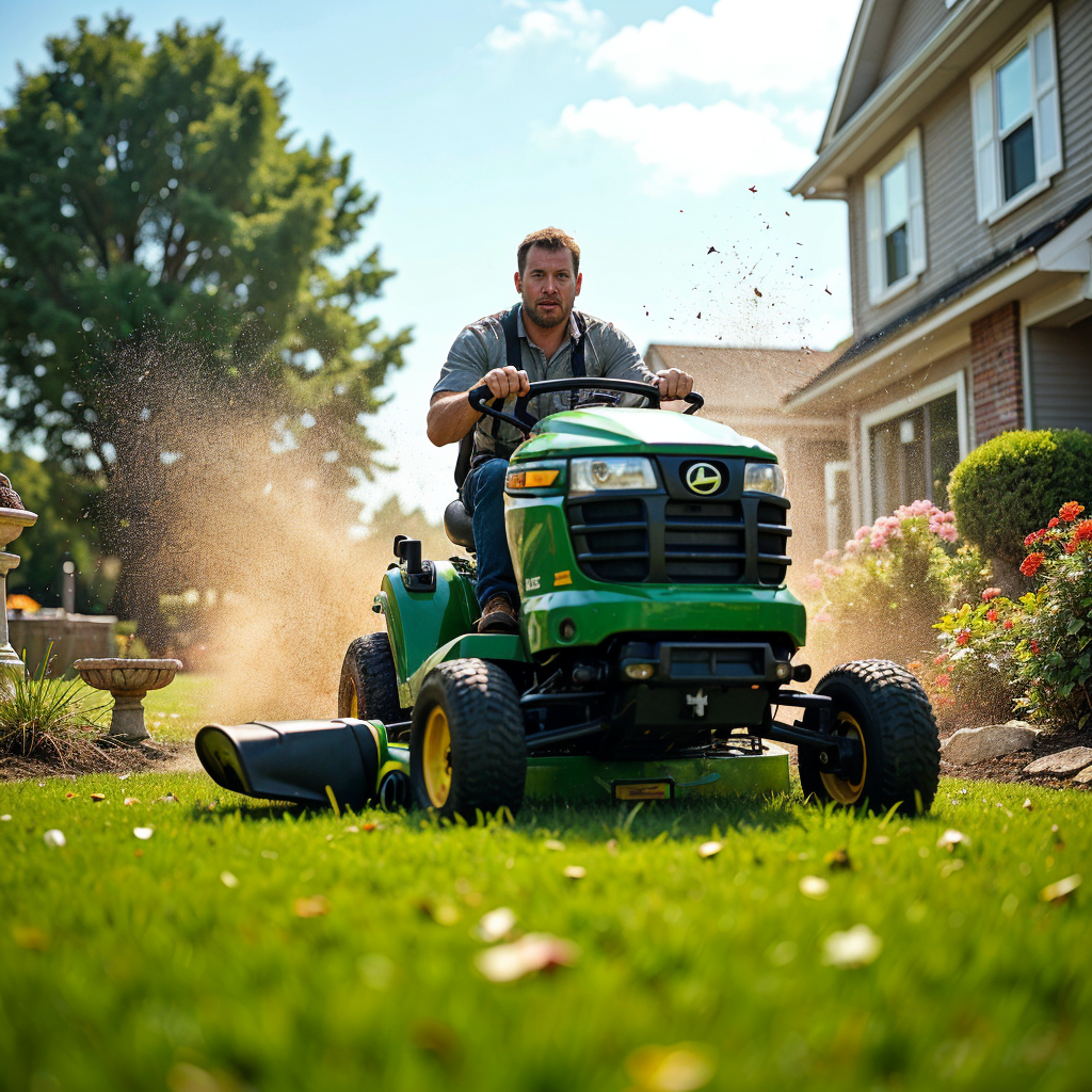 Lawn care gone wrong. Strange looking man tearing up a yard on a writing mower.