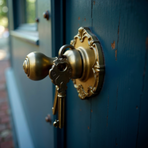 A door knob with keys on a rustic colonial New England home.