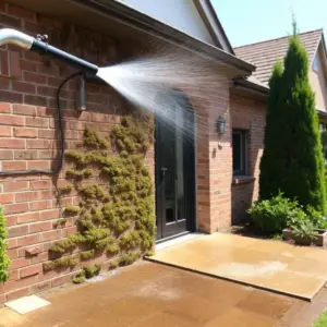 Power washing the side of a mossy brick house.