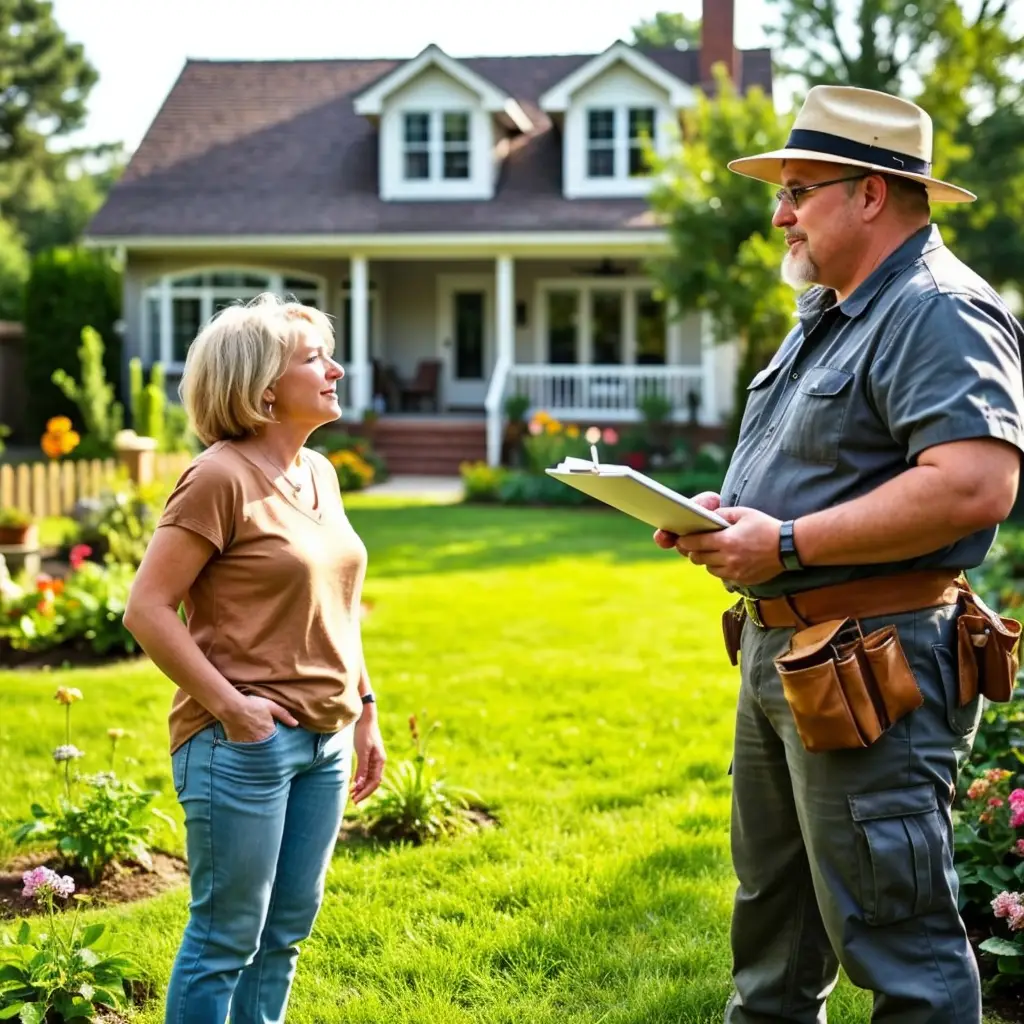 A property manager speaking with a client in front of a nice new england home in the summer